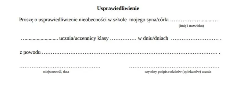 Usprawiedliwienie nieobecności w szkole